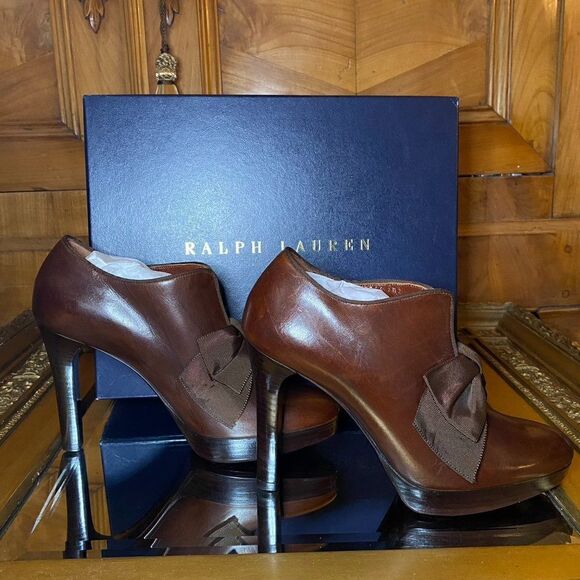 Ralph Lauren 2007 Runway Collection Made in Italy Brown Calf Platform Bow Bootie - Picture 1 of 16